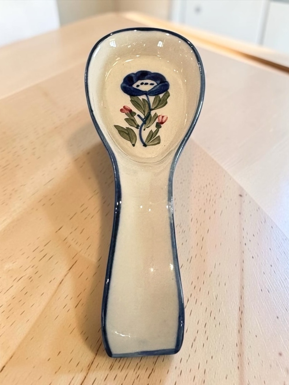 Vintage Ceramic Spoon Rest w/ Blue Poppy Floral Hand Painted Design Utensil Tray